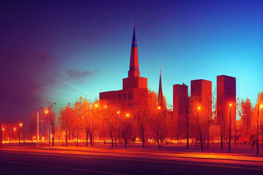 Cartoon style Yekaterinburg Russia September Sevastyanov's house illuminated at night in the center of the Ural capital Attraction of Yekaterinburg the concept of travel to the Urals , style U1 1