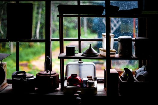 Many dishes placed on the windows. Shooting Location: Hokkaido Biei-cho