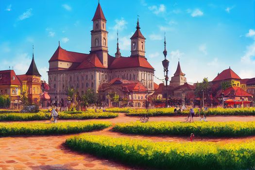 cartoon drawing Oradea romania Oradea Romania with Union Square Piata Unirii, The Capital of Art Nouveau Western Transylvania in Romania Historical cultural city in europe.