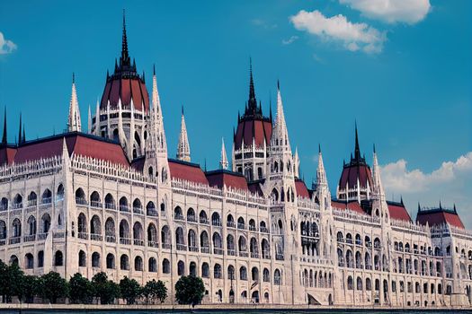 cartoon drawing Hungarian Parliament Orszaghaz in Budapest capital city, of Hungary taken during a sunny afternoon The Parliament of a gothic style is an iconic landmark of the city.