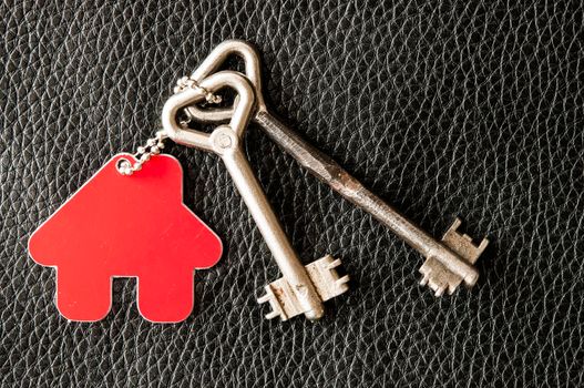 Close up of house keys on a house shaped keychain