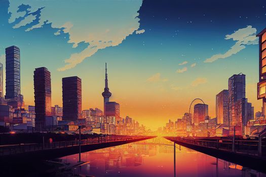 Cartoon drawing Tokyo city residential area and evening sky , style U1 1