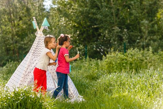 Adorable little girls having fun playing outdoors on summer day.