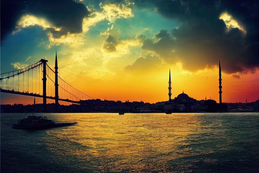 Istanbul Bosphorus panoramic photo Istanbul landscape beautiful sunset with clouds Suleymaniye Mosque double exposure Bosphorus Bridge Istanbul TurkeyBest touristic destination of Istanbul , sty U1 1