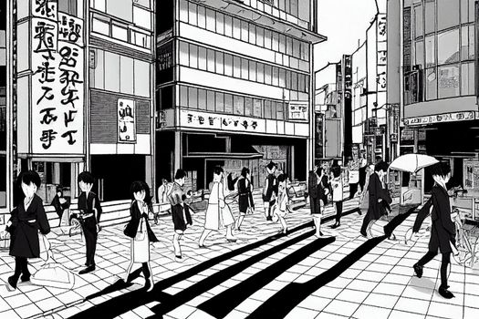 Cartoon drawing Japan Business part of the Japanese capital Pedestrian crossing, from one highrise building to another Tokyo in the afternoon Traffic on the streets of Tokyo Architecture of the Japanese.