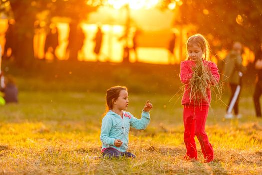 Adorable little girls having fun playing outdoors on summer day.
