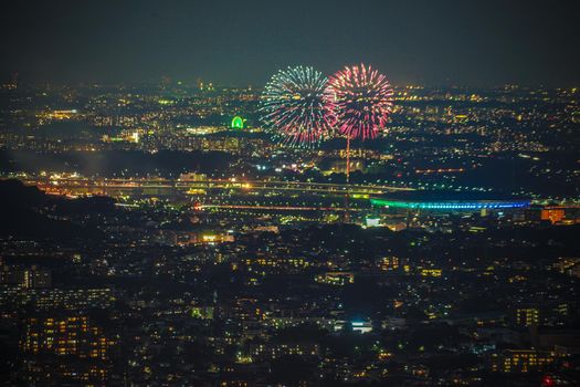 New Yokohama Fireworks Festival (from Yokohama Landmark Tower Observatory). Shooting Location: Yokohama-city kanagawa prefecture