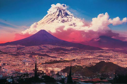anime style, The historic city center of Quito with the Panecillo hill and the Virgin of Quito on top Ecuador Translation Banco Central de Ecuador Central Bank of Ecuador. 2d Illustration