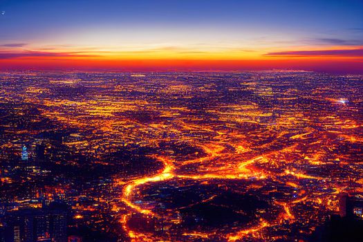 A beautiful and dramatic panoramic photograph of the Johannesburg city skyline taken on a golden evening after sunset , style U1 1