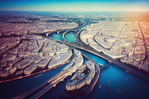 Paris aerial panorama with river Seine and Eiffel tower, France Romantic summer holidays vacation destination Panoramic view above historical Parisian buildings and landmarks with blue sky.