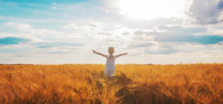 child in a wheat field. selective focus. nature