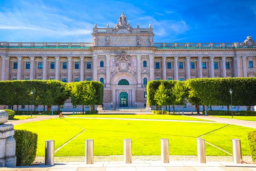 Riksplan park and Swedish parliament The Riksdag house front facade view, capital of Sweden