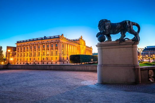 Riksplan and Swedish parliament The Riksdag house evening view, capital of Sweden