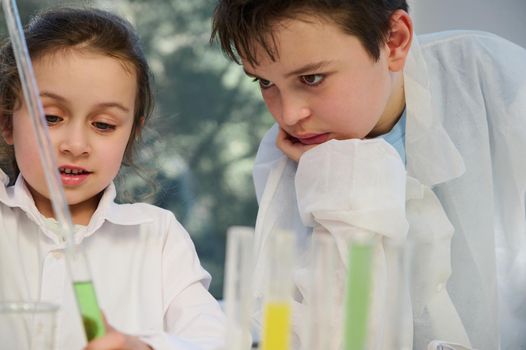 Close-up portrait of adorable Caucasian kids, smart pupils in science class experimenting with liquid, conducting chemical experiments, dripping drops of reagents in test tubes ans watching reactions