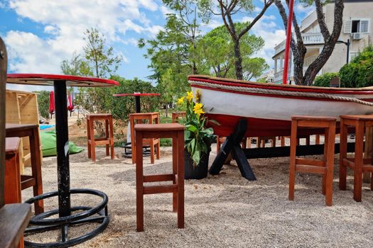 Wooden boat beach cafe view, Island of Krk, Croatia