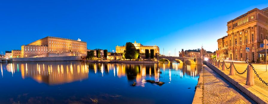 Evening panoramic view of Stockholm famous landmarks, Royal palace, Parliament and Opera house, capital of Sweden