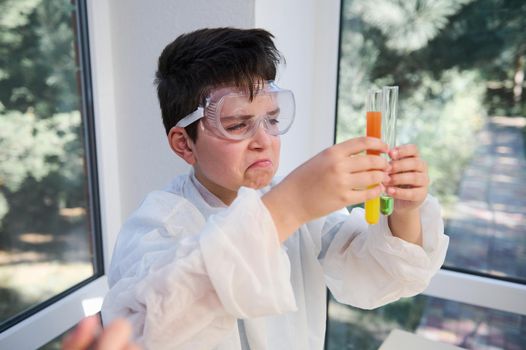 Curious smart school child, elementary age boy wearing safety goggles and lab gown,holds test tubes with colorful reagents and chemicals, watching the chemical reaction going on. Learning Chemistry