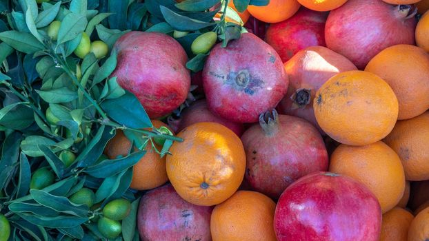 Fruity background of pomegranates, oranges and olives on a branch. High quality photo