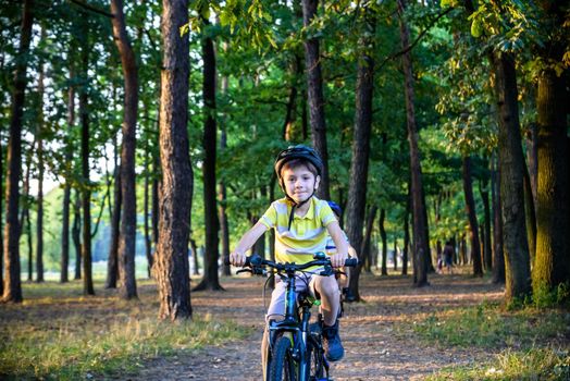 Portrait of happy active teenage boy in safety helmet relaxing after school riding his bike in beautiful park on sunny autumn day.