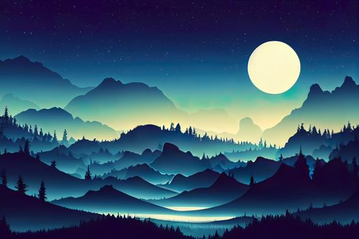 Silhouette mystical magic forest landscape in the moonlight. Silhouette trees in a cartoon style illustration. Surreal landscape for wallpapers and backgrounds. Mystic conceptual misty background.