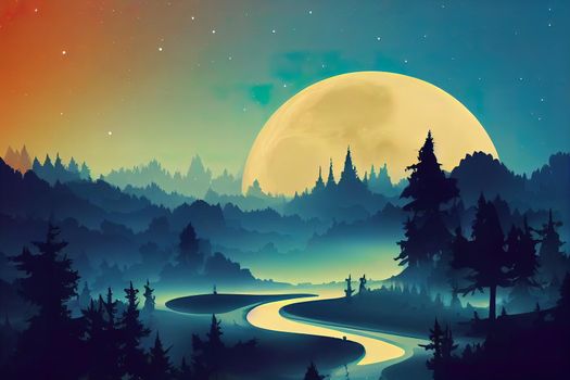 Silhouette mystical magic forest landscape in the moonlight. Silhouette trees in a cartoon style illustration. Surreal landscape for wallpapers and backgrounds. Mystic conceptual misty background.