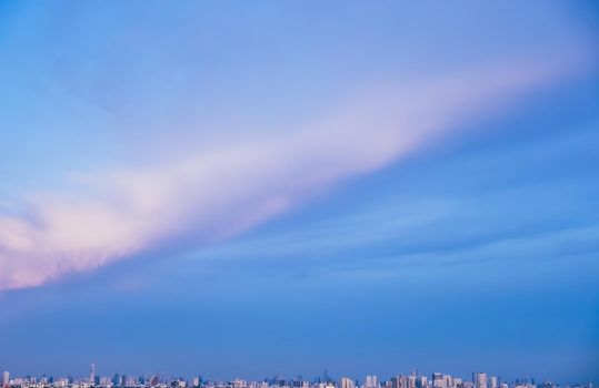Urban cityscape panoramic view. horizon line with buildings. nature landscape with town sunset sky.