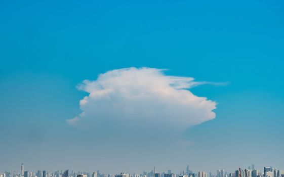 Urban cityscape panoramic view. horizon line with buildings. nature landscape with town blue sky.