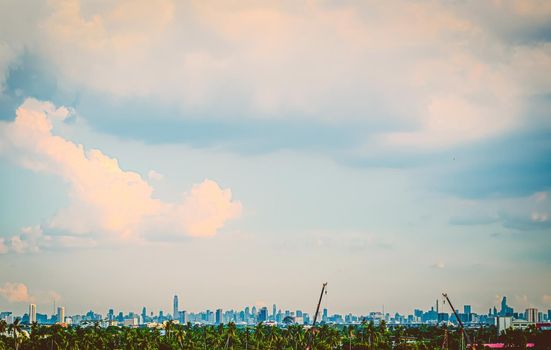 Urban cityscape panoramic view. horizon line with buildings. nature landscape with town blue sky.