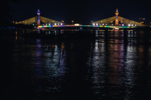 Suspension tensile structure Bridge Lighting Colorful and Bewitching Effects. Chesadabodin Bridge