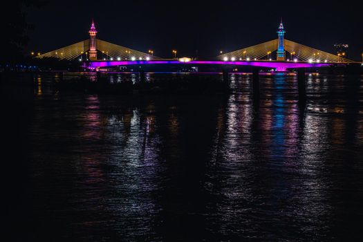 Suspension tensile structure Bridge Lighting Colorful and Bewitching Effects. Chesadabodin Bridge