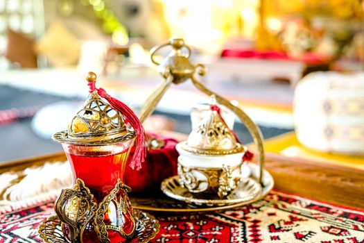 Turkish coffee and tea set in colorful traditional housewares in Turkish theme coffee cafe