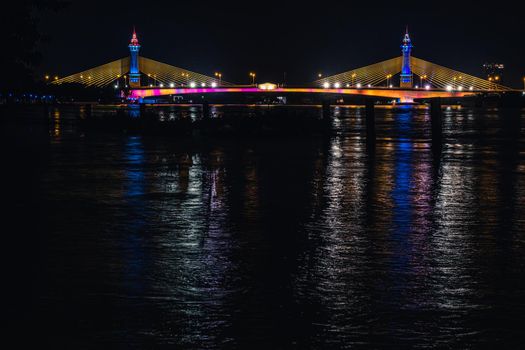 Suspension tensile structure Bridge Lighting Colorful and Bewitching Effects. Chesadabodin Bridge