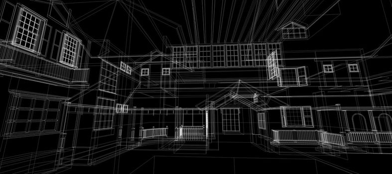 Smart house automation system digital intelligent technology abstract background architecture interior 3d wireframe construction on black background