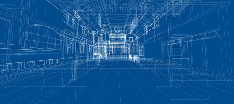 Smart house automation system digital intelligent technology abstract background architecture interior 3d wireframe construction on blue background
