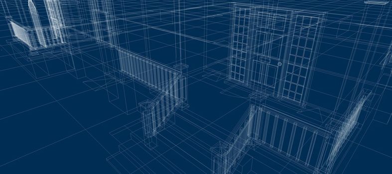 Smart house automation system digital door entrance intelligent technology abstract background architecture 3d wireframe construction on blue background