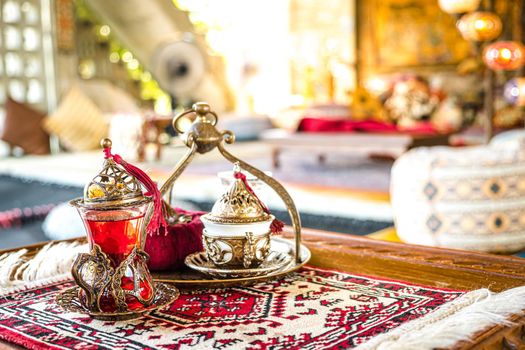 Turkish coffee and tea set in colorful traditional housewares in Turkish theme coffee cafe