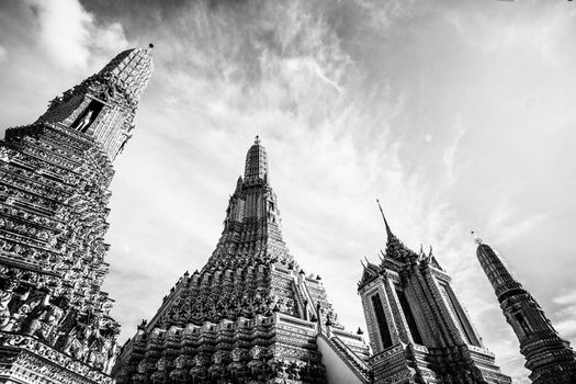 Wat Arun pagoda Bangkok, Thailand. Dawn temple in black and white