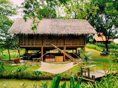 Thai wooden tradition house exterior asia vintage architecture on nature graden