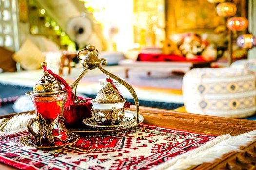 Turkish coffee and tea set in colorful traditional housewares in Turkish theme coffee cafe
