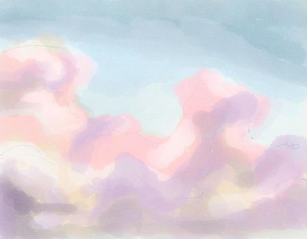 Sugar cotton pink clouds background. Glamour fairytale backdrop. Watercolor style texture. Fantasy pastel color