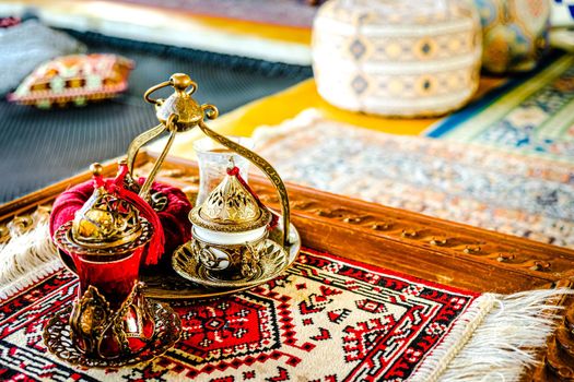 Turkish coffee and tea set in colorful traditional housewares in Turkish theme coffee cafe