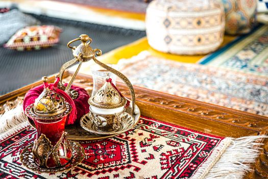 Turkish coffee and tea set in colorful traditional housewares in Turkish theme coffee cafe