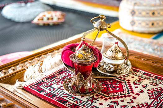 Turkish coffee and tea set in colorful traditional housewares in Turkish theme coffee cafe