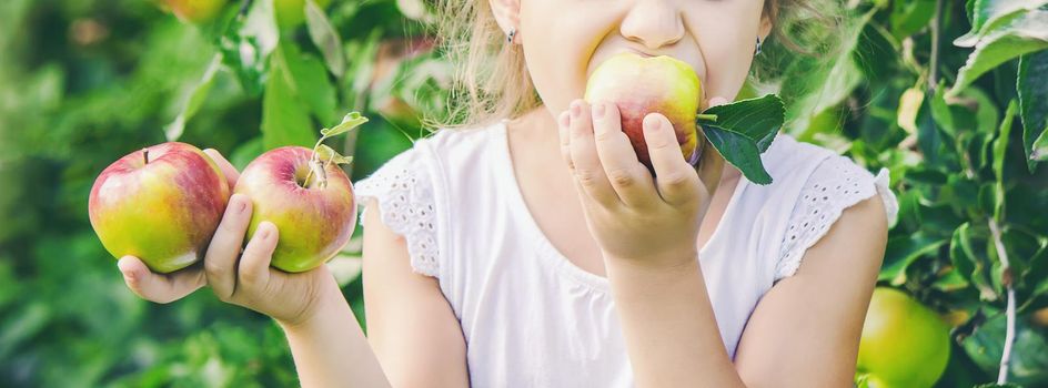 Child with Child with an apple. Selective focus. Garden Food