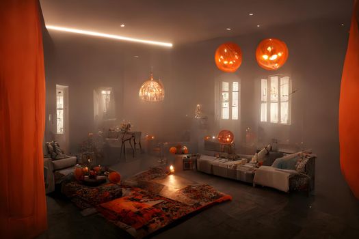 halloween decorated home interior with costumed figures and smoke or fog, neural network generated art. Digitally generated image. Not based on any actual scene or pattern.