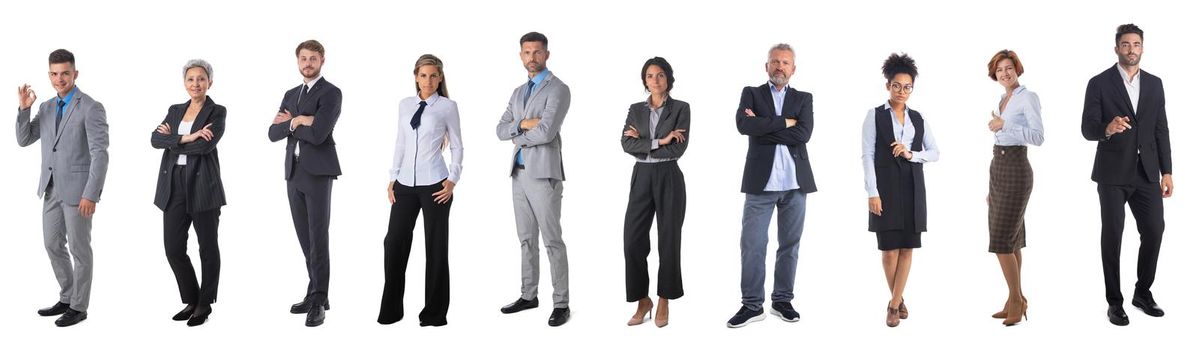Successful business people team, full length portrait studio isolated on white background