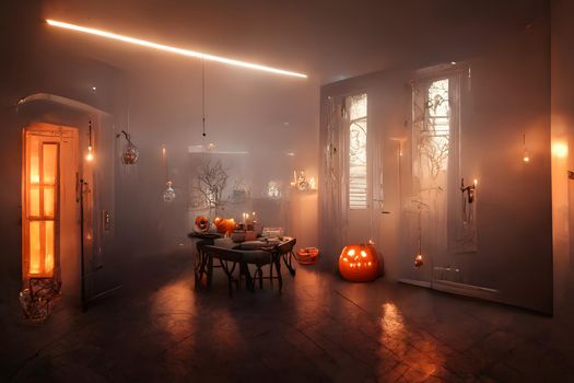 halloween decorated home interior with costumed figures and smoke or fog, neural network generated art. Digitally generated image. Not based on any actual scene or pattern.