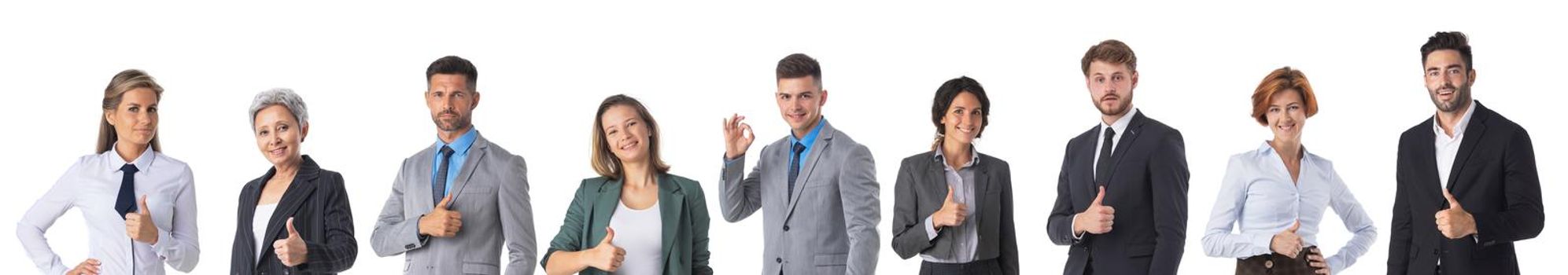 Set of various business people portraits with thumbs up and ok sign isolated on white background