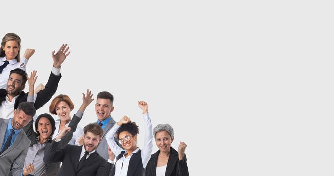 Happy business people with arms raised over gray background with copy space for text, corner design element