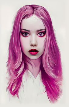 Albino fashion gothic female model with long pink hair. Digital illustration